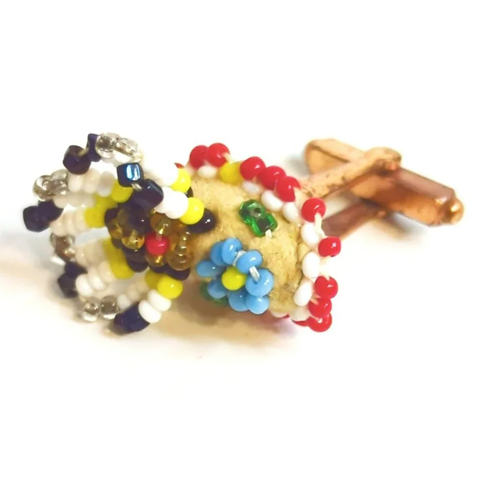 Vintage Handmade Beaded Seed Bead Cufflinks Southwestern Floral Copper
